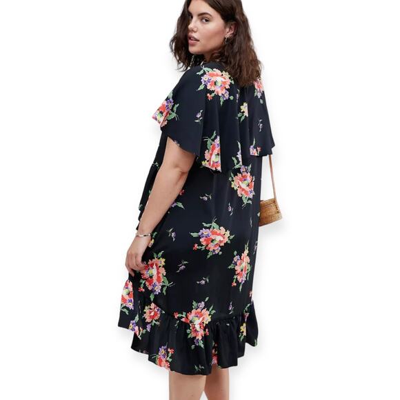 ASOS Design Curve Midi Tea Dress With Cape Back 26 Black Multi Floral Print - Picture 6 of 13